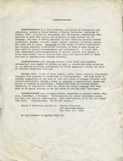 Announcement for the publication of L=A=N=G=U=A=G=E, ca. 1977.