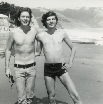 Tom Clark (left) and Lewis Warsh on the beach at Bolinas, California, 1968. Photograph by Anne Waldman from Bustin's Island '68 by Lewis Warsh (New York: Granary Books, 1996).