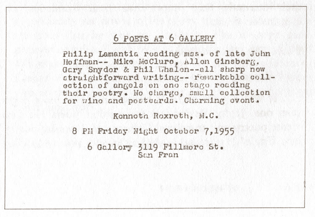 Allen Ginsberg’s postcard announcing the Six Gallery reading, 1955.