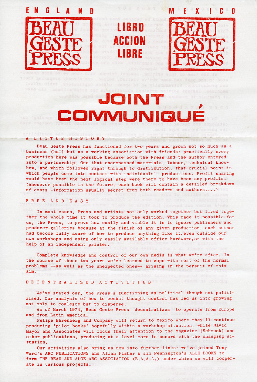 Joint Communique from Beau Geste Press, England and Libro Accion Libre, Mexico, announcing the decentralization of Beau Geste and the formation of BAAA, the Beau and Aloes Arc Association, 1974.