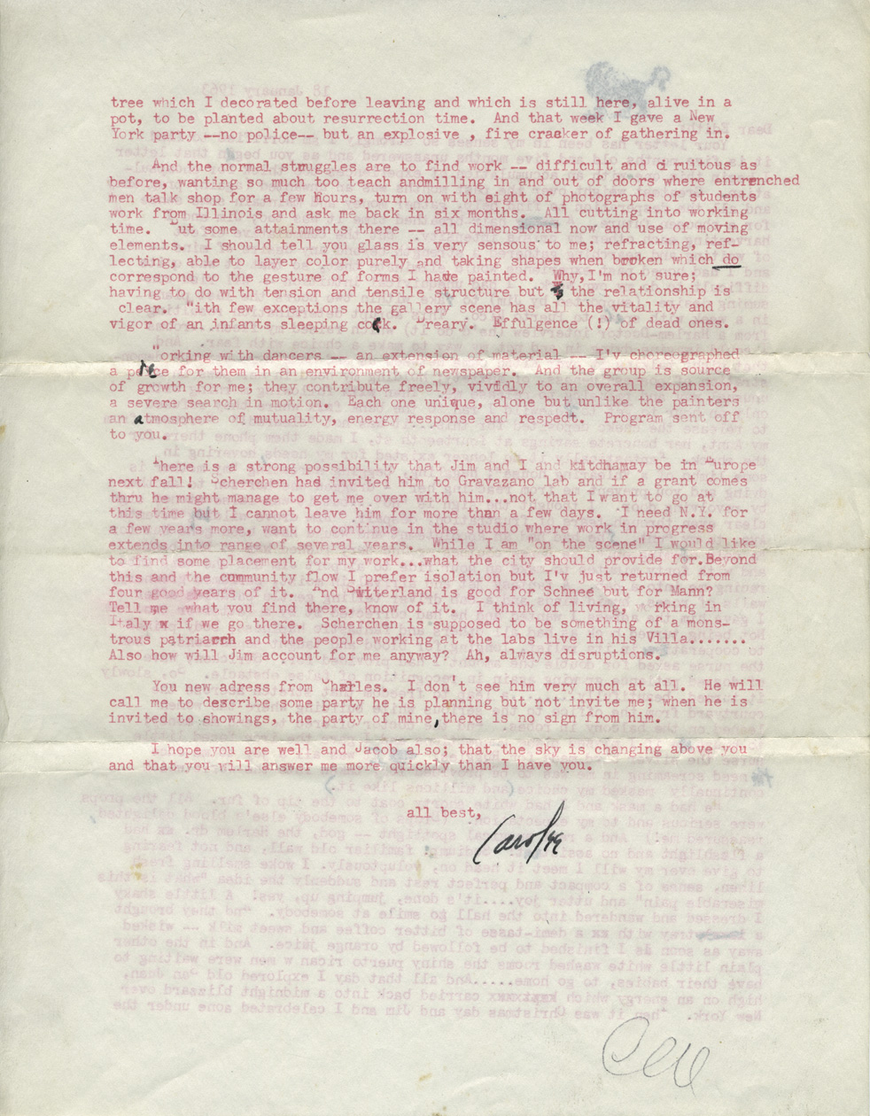 Letter from Carolee Schneemann to Edith Schloss, January 18, 1963. From the Edith Schloss Burckhardt Archive located at TK.