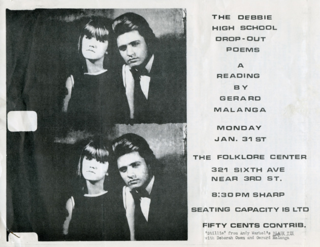 Flyer for “The Debbie High School Drop-Out Poems” a reading by Gerard Malanga, at The Folklore Center, January 31, [1966].  11 x 8 1/2 inches.