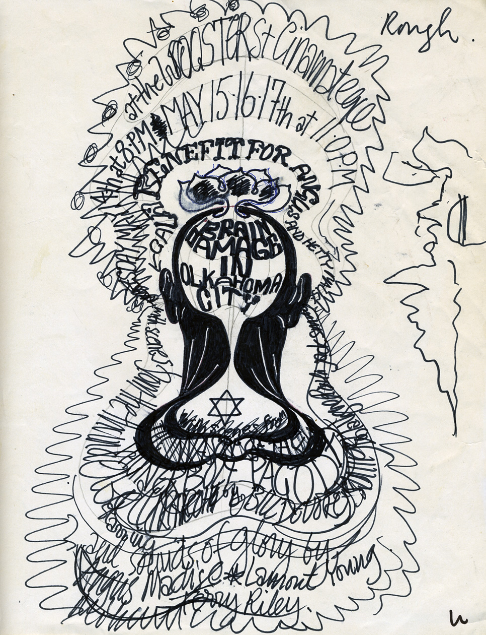 Hetty MacLise (?), rough sketch poster for the Brain Damage in Oklahoma City Gala Benefit for Angus and Hetty MacLise