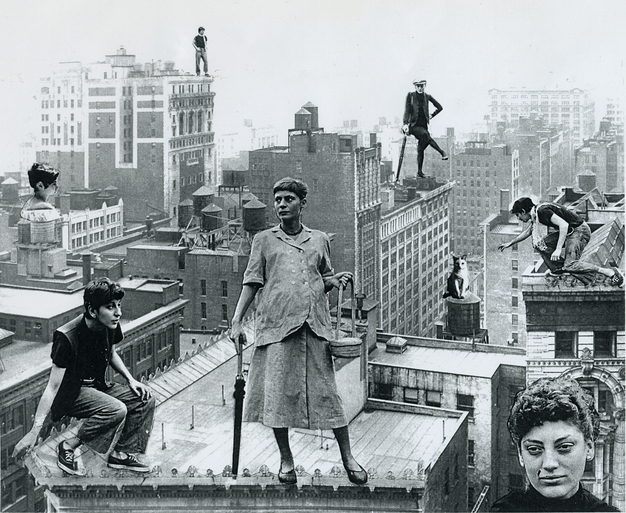 Rudy Burckhardt photomontage “Over the Roofs of Chelsea” created in 1949 for the exhibition with Helen DeMott, Lucia Vernarelli and Edith Schloss Burckhardt at the Pyramid Gallery in New York City. The three close friends were called “Chelsea Girls” by Edwin Denby. Foreground: DeMott, Schloss (pregnant with her son Jacob Burckhardt), and Vernarelli. From the Edith Schloss Burckhardt Archive.
