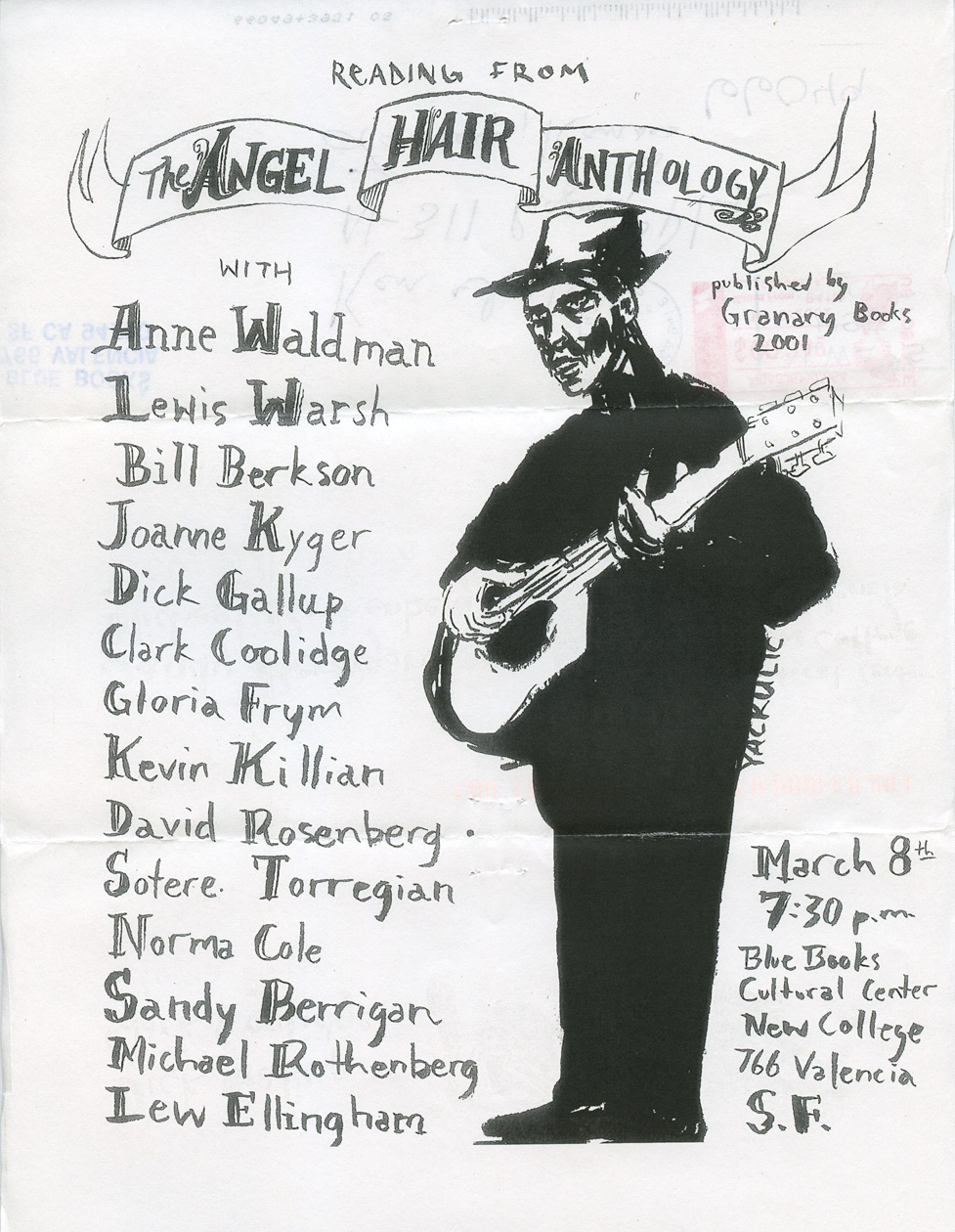 Flyer for a reading from The Angel Hair Anthology, published by Granary Books, at Blue Books Cultural Center, New College, San Francisco, [2002?].