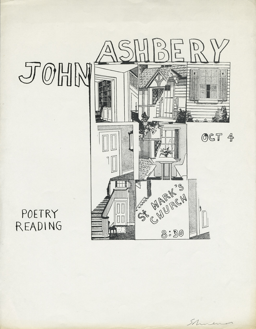 Flyer for a reading by John Ashbery at The Poetry Project at St. Mark’s Church, October 4 [no year]. Artwork by George Schneeman. Signed by Schneeman. 8 1/2 x 11 inches.
