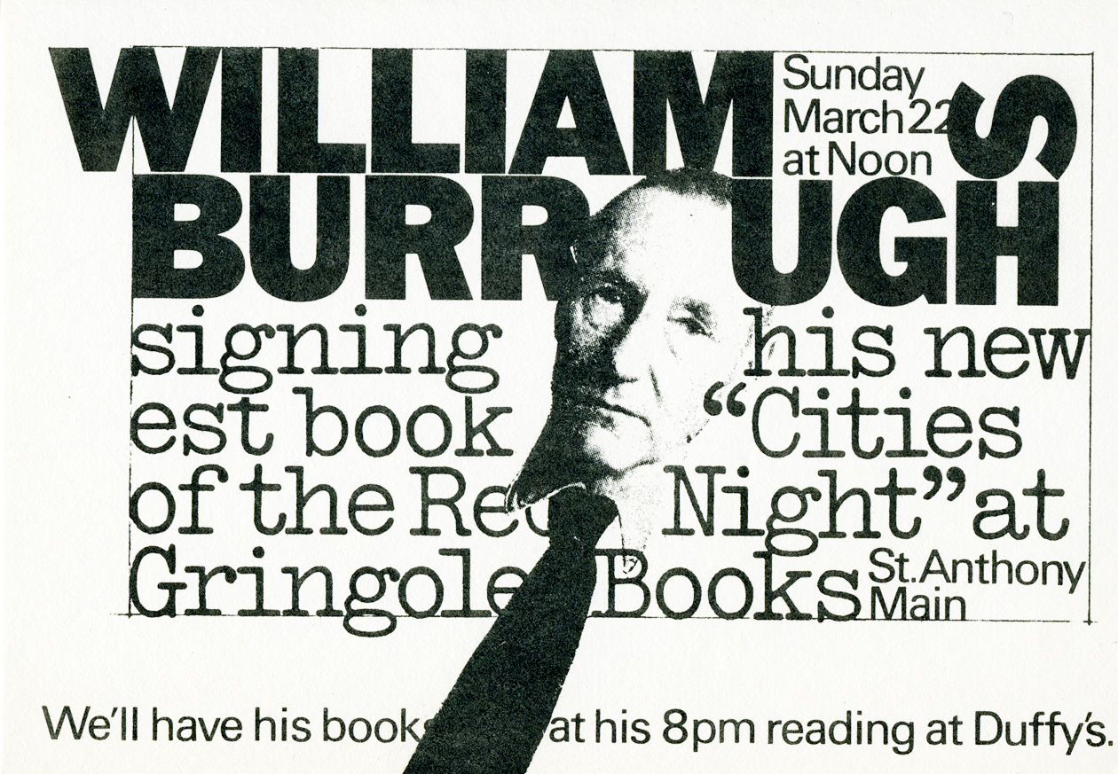 Announcement for William Burroughs’ book signing of his Cities of the Red Night at Gringolet Books, Minneapolis, March 22, 1981.
