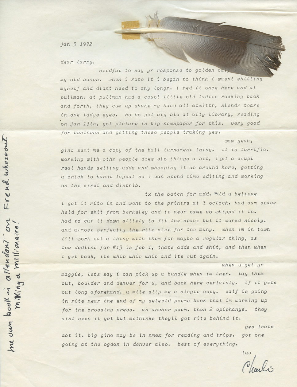 Charles Potts letter, with feather taped on it, to Larry Goodell. January 3, 1972. From the Larry Goodell Archive.