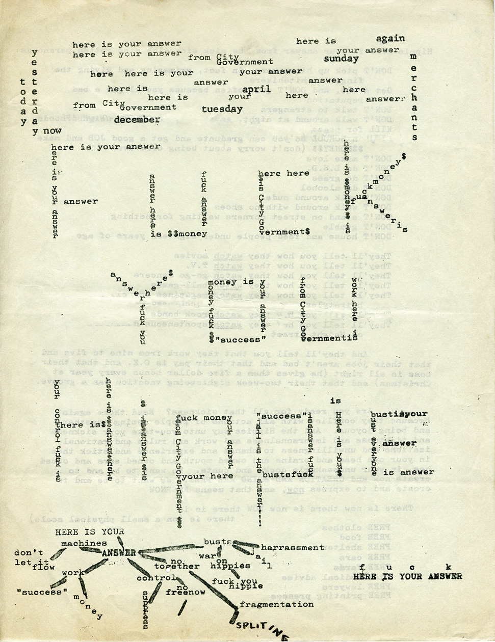 “Fuck You Hippie,” 1967. Two-sided on colored paper. On verso: “Hippie—here is your answer from the sick sick sick sick rotten paranoids.” Now viewed as a precursor to the Punk aesthetic.