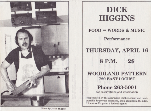 Flyer for Dick Higgins’ “Food=Words & Music” performance, April 16, (1987?).