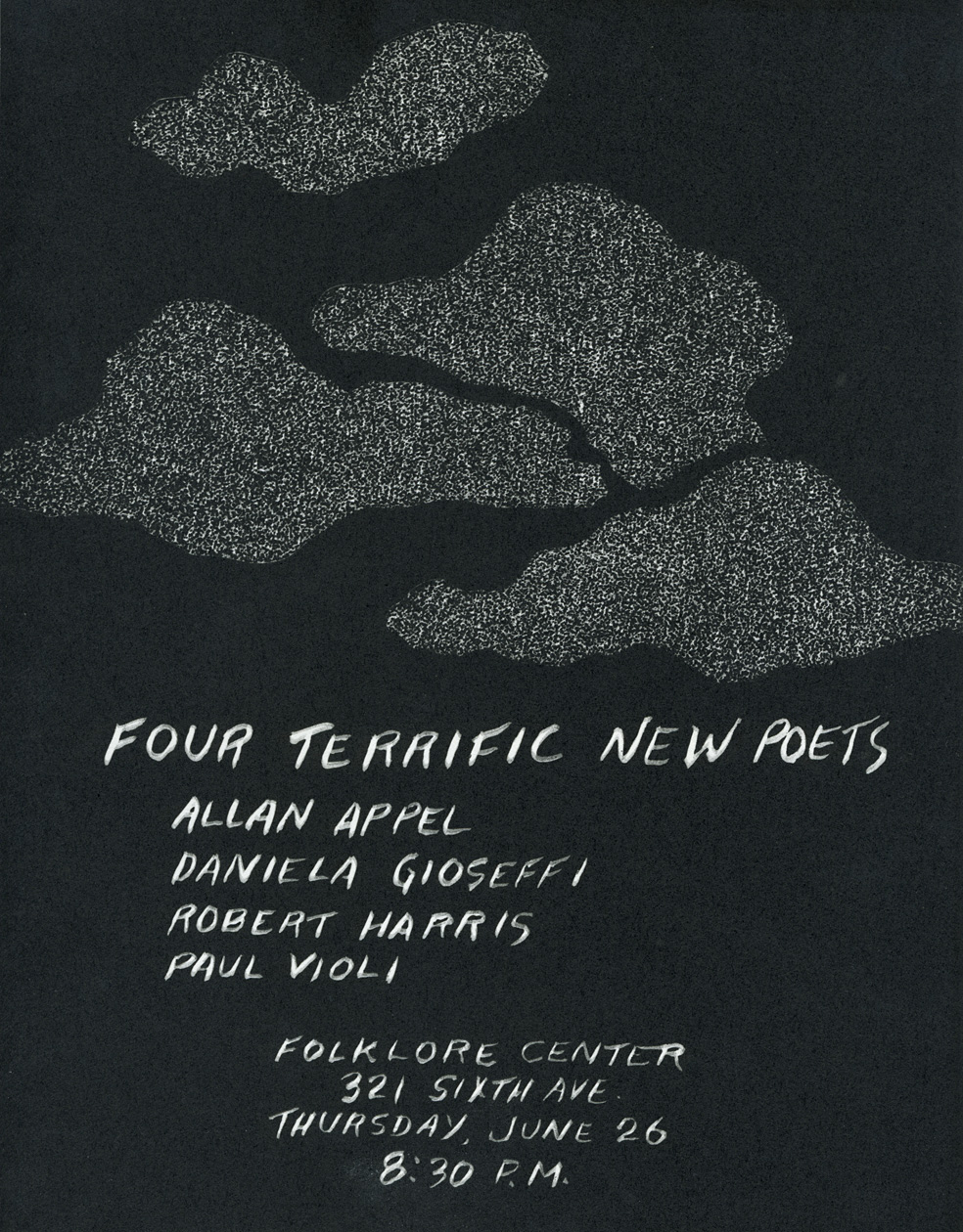 Flyer for a reading by Allan Appel, Daniella Gioseffi, Robert Harris, and Paul Violi at the Folklore Center, New York City, June 26 [no year]. 7 7/8  x 10 1/8 inches. 
