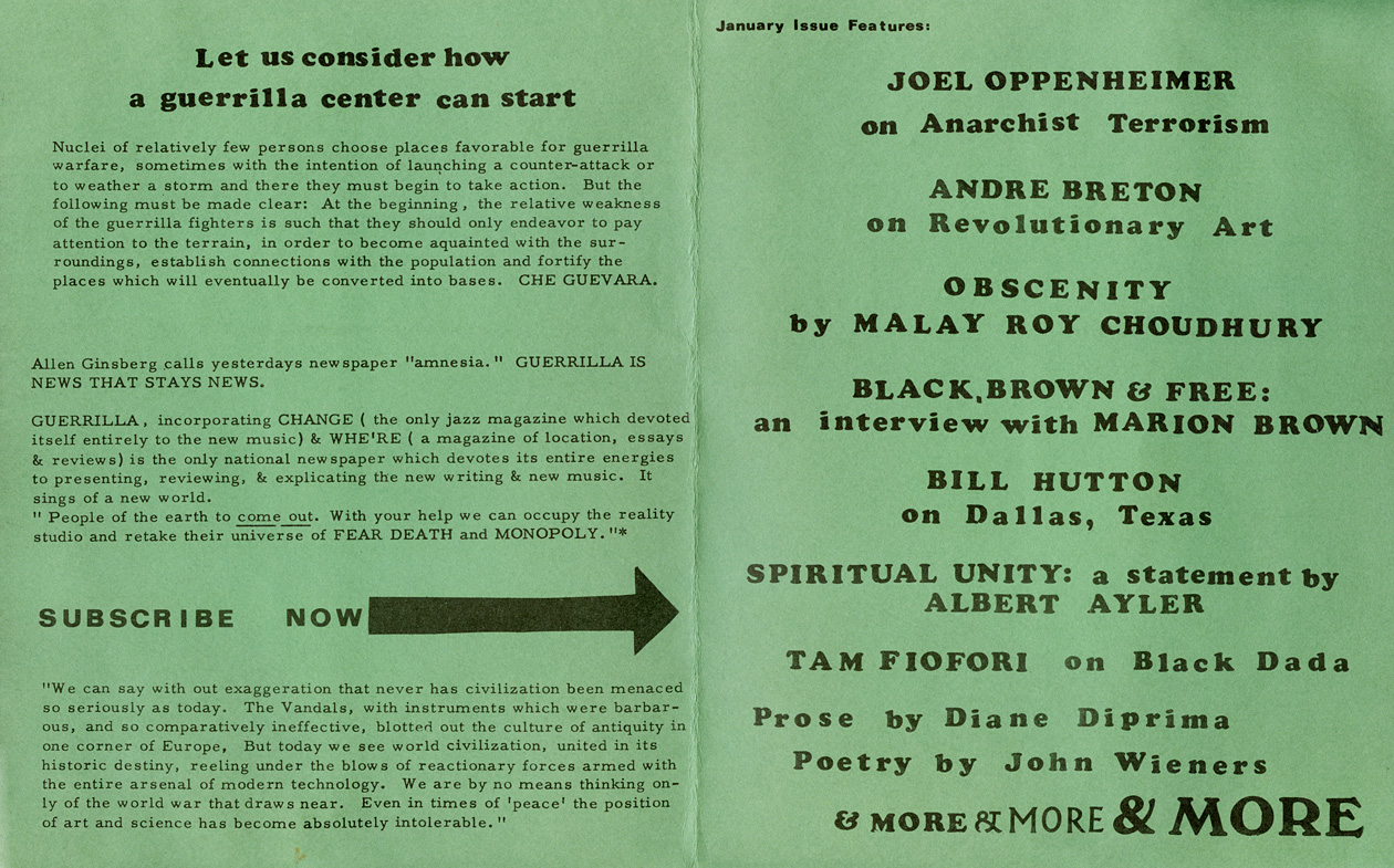 Both sides of the single fold brochure announcing the publication of Guerilla: A Monthly Newspper of Contemporary Kulchur, edited by Allen VanNewkirk and John Sinclair. Published by the Artists Workshop Press in Detroit, 1967.
