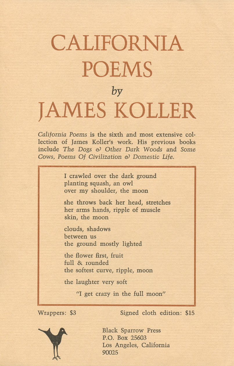 Prospectus for James Koller's California Poems published by Black Sparrow Press in 1971.