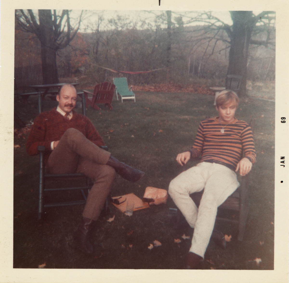 Snapshots of Jonathan Williams and Tom Meyer in the backyard of Paul and Nancy Metcalf's home in Becket, Massachusetts, January 1969. From the Paul Metcalf Archive