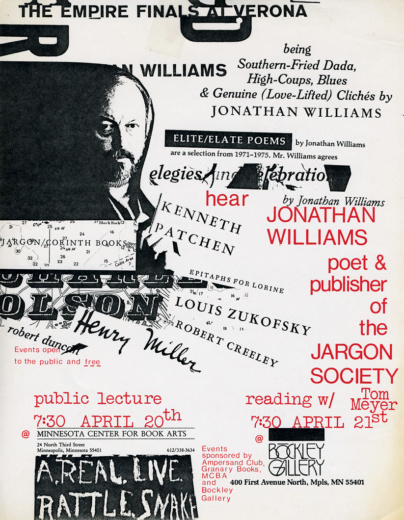Flyer for a “public lecture” by Jonathan Williams at the Minnesota Center for Book Arts, April 20 and a reading by Jonathan Williams with Tom Meyer, April 21, 1988 at the Bockley Gallery, Minneapolis. 8-1/2 x 11 inches.