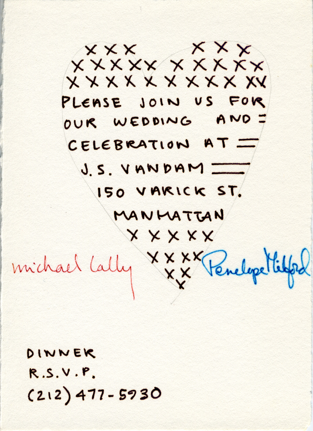 Michael Lally Wedding Invitation drawn by Joe Brainard