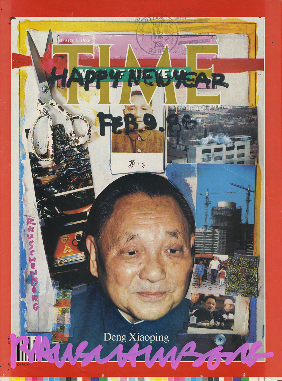 Robert Rauschenberg, signed 1986 New Year card on the 1986 the Time magazine cover he created for “Man of the Year” Deng Xiaoping. Mailed to Patty Mucha. From the Patty [Oldenburg] Mucha Archive located at Fales Library, New York University.