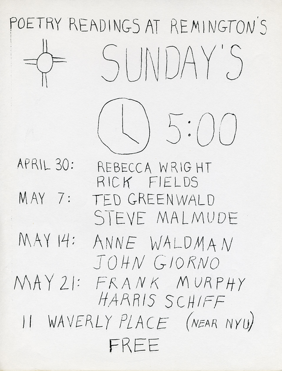 Flyer for poetry readings at Remington's, New York City, [no year].