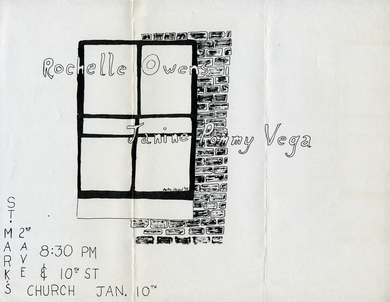 Flyer for reading by Rachel Owens and Janine Pommy Vega at The Poetry Project at St. Mark’s Church, January 10, [no year]. 8 1/2 x 11 inches.