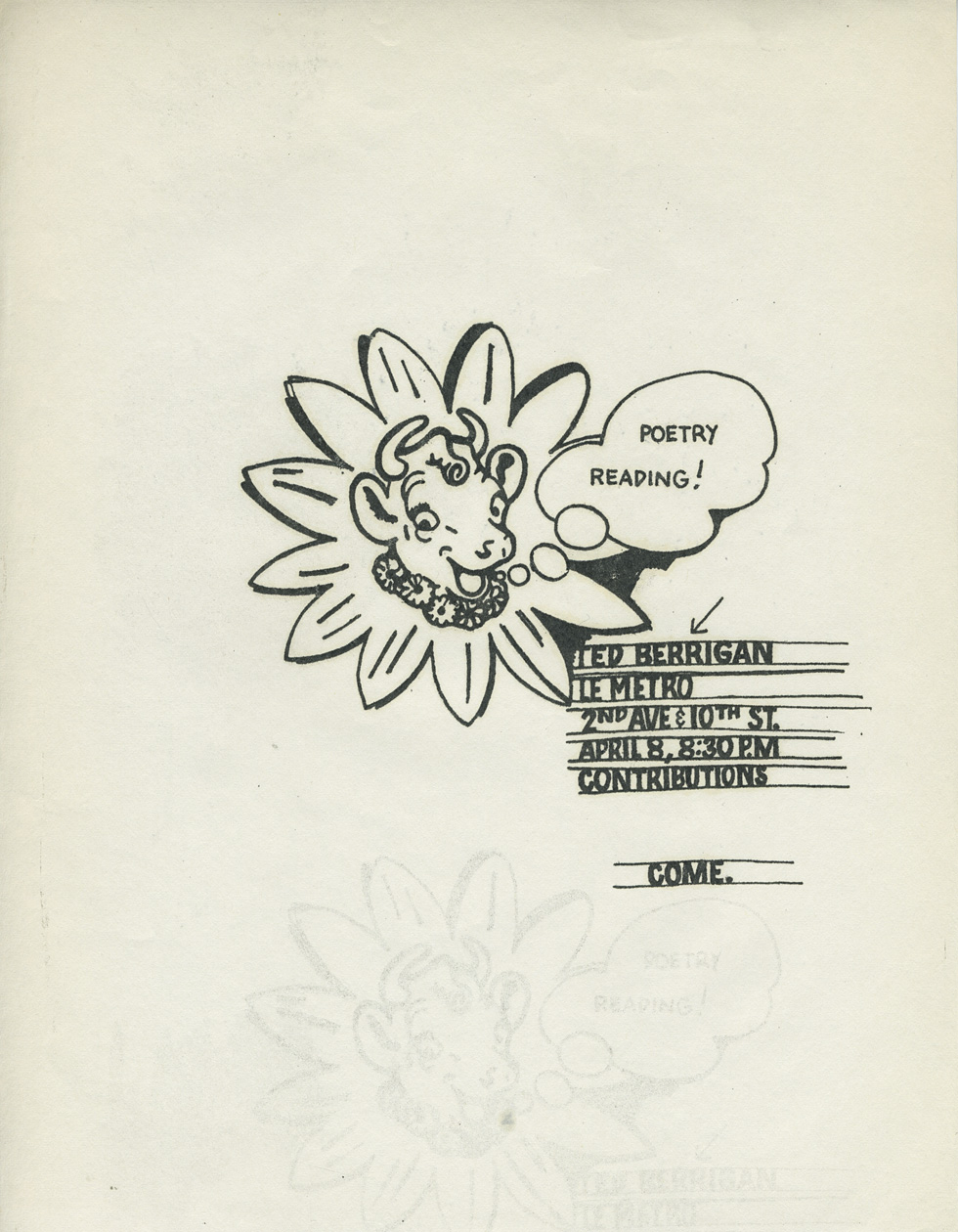 Flyer for  a reading by Ted Berrigan at Café Le Metro, New York City, April 8, 1964. Artwork by Joe Brainard.